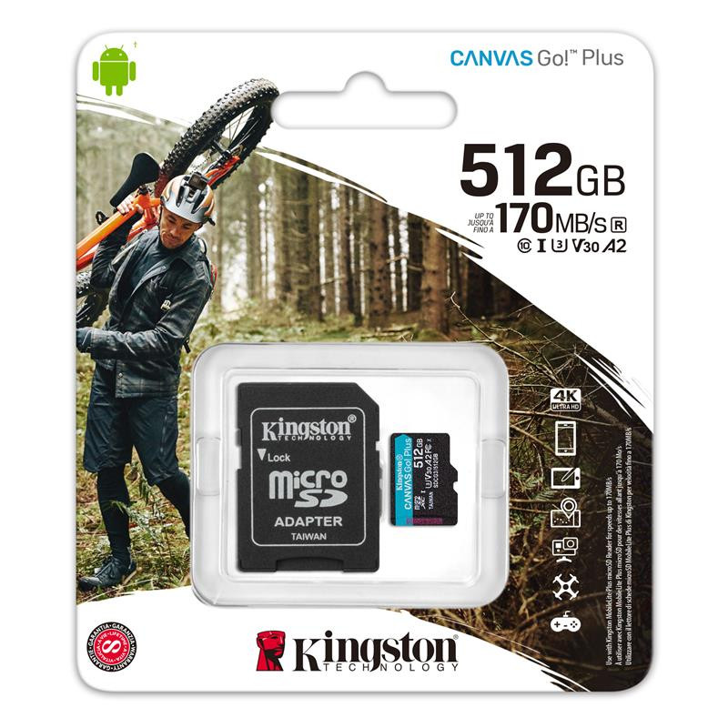 Kingston Карта памяти microSD 512GB C10 UHS-I U3 A2 R170/W90MB/s + SD (SDCG3/512GB)