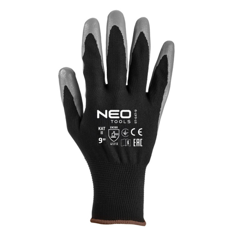Neo Tools work gloves set of 12, polyester with nitrile coating, size 9, gray-black (97-647-9)