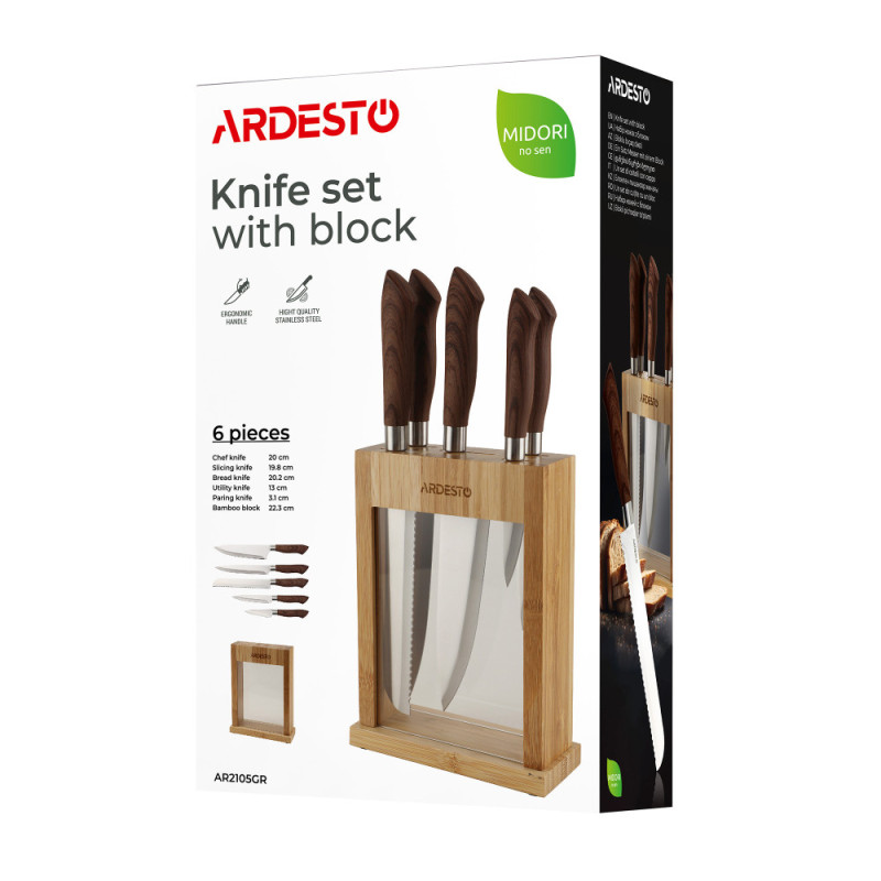 ARDESTO Knives Set with block Midori, 6pcs, stainless steel, plastic, bamboo, brown (AR2105GR)