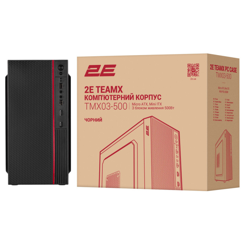 2E Корпус 2E TeamX TMX03 з БЖ 2E ATX500W, 2xUSB3.0, 1x80мм, VGA 220мм, mATX, чорний (2E-TMX03-500)