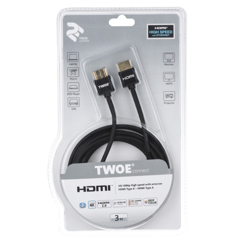 2E Cable HDMI (M/M), 3m, 2.0, Slim High Speed Aluminum, black (2EW-1119-3m)