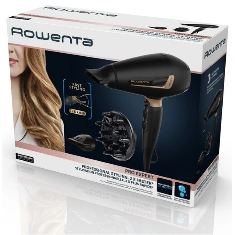 Rowenta Фен Pro Expert, 2200Вт, режимов-3, иониз-я, дифузор, 2 концентратора, хол. обдув, черный (CV8840F0)