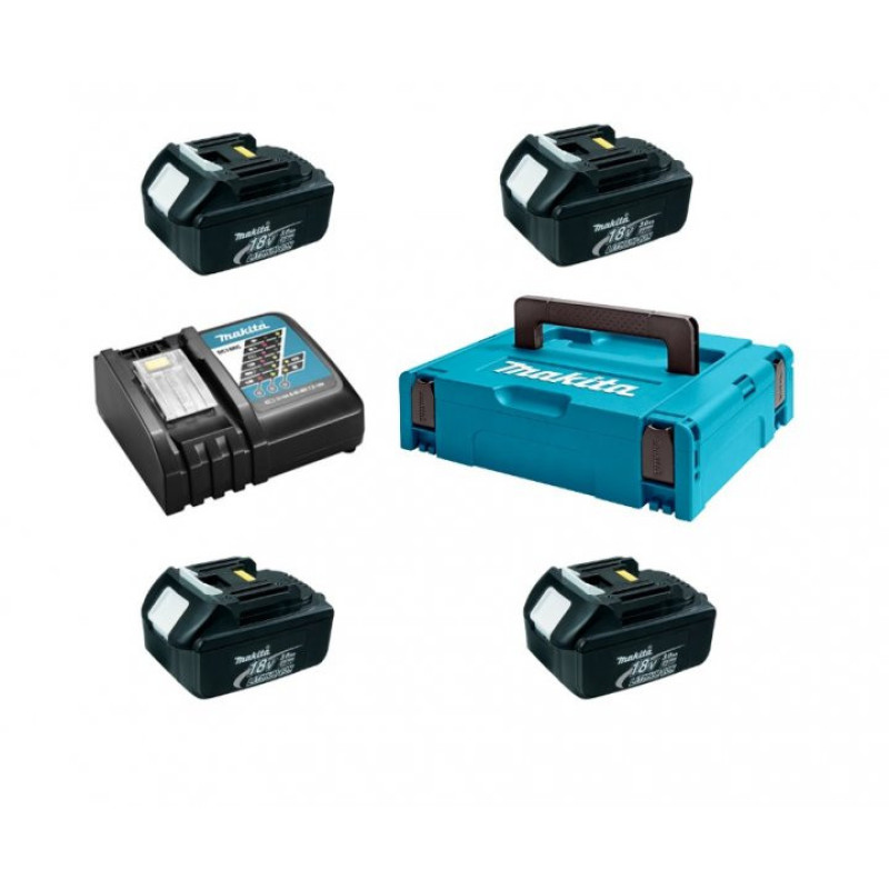 Makita Набор аккумуляторов + зарядное устройство 197954-1, LXT BL1830 x 4шт (18В, 3Ач) + DC18RC, кейс Makpac1