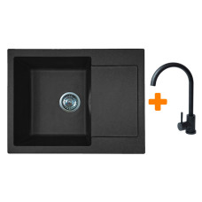 Adamant Набор кухонный Minimal, искуственный камень, прямоуг., с крылом, 615х495х200мм, чаша - 1, врезная, черный + смеситель (1824296912303)