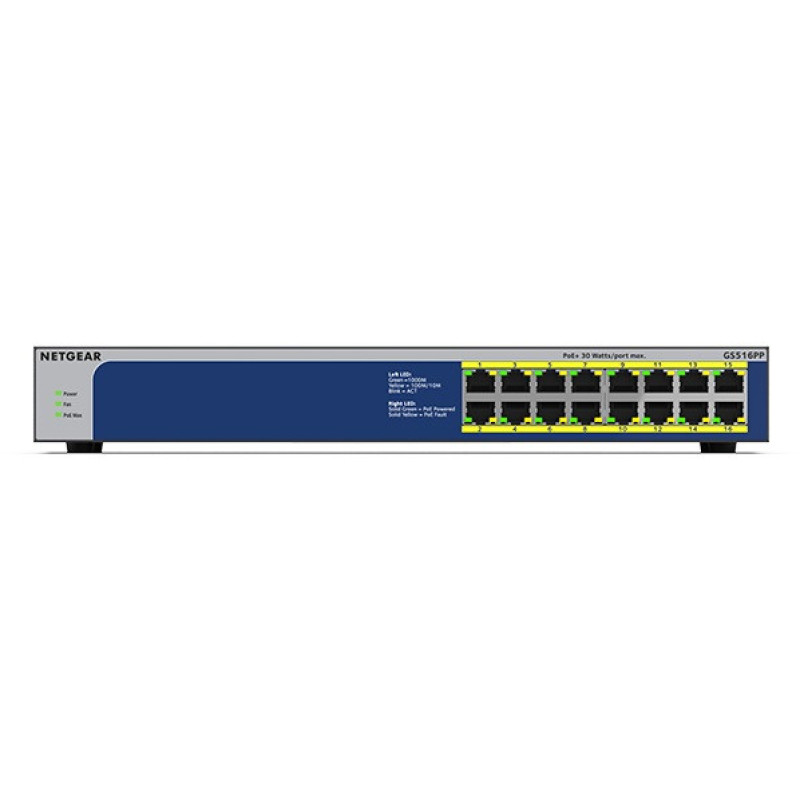NETGEAR Комутатор GS516PP 16xGE PoE+(260Вт), некерований (GS516PP-100EUS)