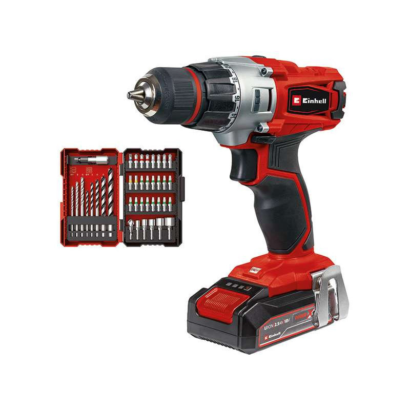 Einhell Шуруповерт-дрель TE-CD 18/2 Li +39, 1x2,5 Ah, PXC, 18В, 2.5 Ач, 44 Нм, набор бит и сверел, кейс, 1.1 кг (4514219)