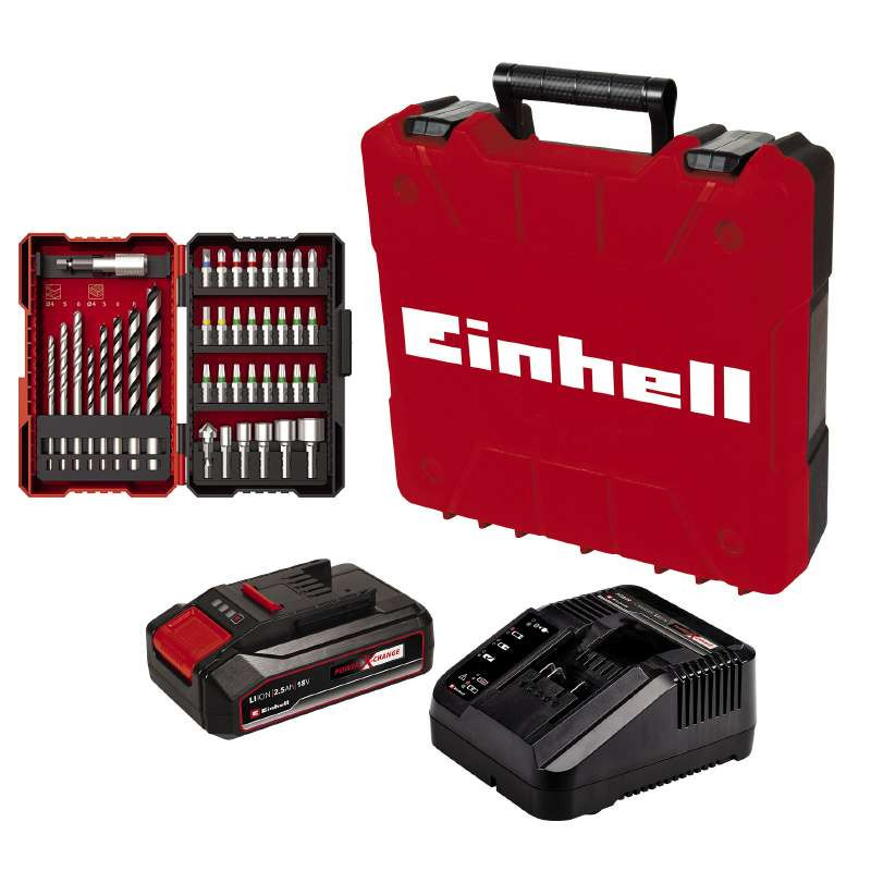 Einhell Шуруповерт-дрель TE-CD 18/2 Li +39, 1x2,5 Ah, PXC, 18В, 2.5 Ач, 44 Нм, набор бит и сверел, кейс, 1.1 кг (4514219)