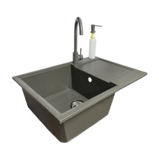 Adamant Kitchen set Horizon Medium, artificial stone, rectang., with drainboard, 700х500х230mm, bowl - 1, over-mounted, grey + mixer and dispenser (4824296104504)