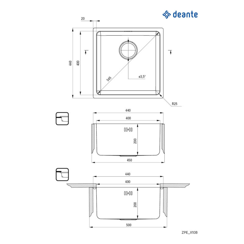 Deante Kitchen sink st.steel, square, no drainboard, 440х440х200mm, bowl - 1, built-in+over-mounted, inox