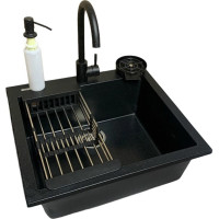 Adamant Набір кухонний Univer, штучний камінь, квадрат, без крила, 560х500х200мм, чаша - 1, врізна, чорний + змішувач + дозатор + ополіскувач склянок + коландер (4824296106603)