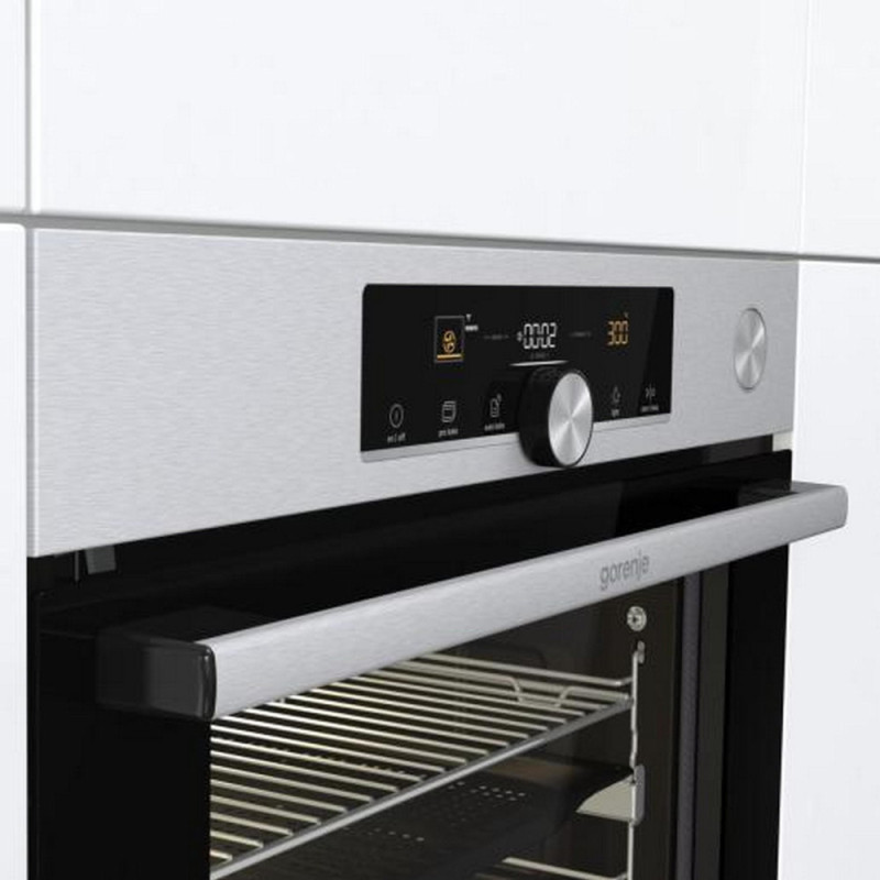 Gorenje Духова шафа електрична, 77л, A+, TouchFree, пара, дисплей, Wi-Fi керування, піроліз, готув. на різн рівнях, нерж (BPSA6747A08XWI)