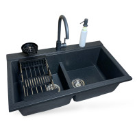 Adamant Kitchen set Similar, artificial stone, rectang., no drainboard, 885x505x230mm, bowl - 2, over-mounted, graphite + mixer + dispenser + glass rinser + colander (4824296106513)