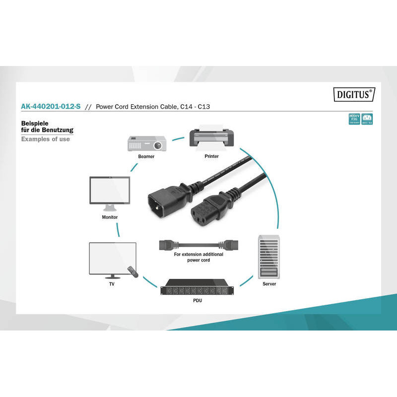 Digitus Power Cord extension cable, C14 - C13 M/F, 1.2m, H05VV-F3G 0.75qmm (AK-440201-012-S)