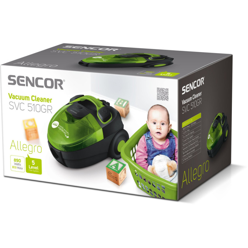 Sencor Пилосос контейнерний Allegro, 890Вт, конт пил -1,5л, НЕРА, чорно-зелений (SVC510GR-EUE2)