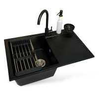 Adamant Набор кухонный Horizon, искуственный камень, прямоуг., с крылом, 780х495х230мм, чаша - 1, врезная, черный + смеситель + дозатор + ополаскиватель стаканов + коландер (4824296106303)