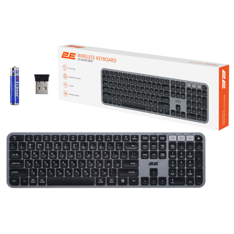 2E Keyboard membrane KS240 110key, WL/BT, EN/UK, grey-black (2E-KS240WG_UA)