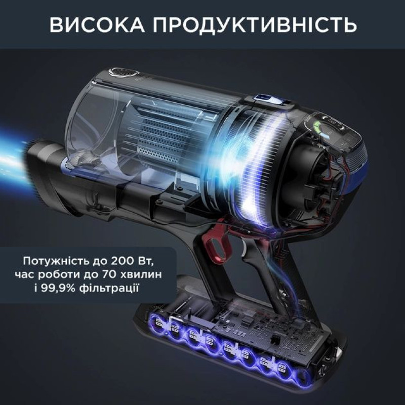 Rowenta Пилосос безпровідний XFORCE FLEX 14.60 AQUA, 200Вт, вологе прибирання, конт пил -0,9л, автон. робота до 70хв, НЕРА, чорно-синій (RH99C0WO)