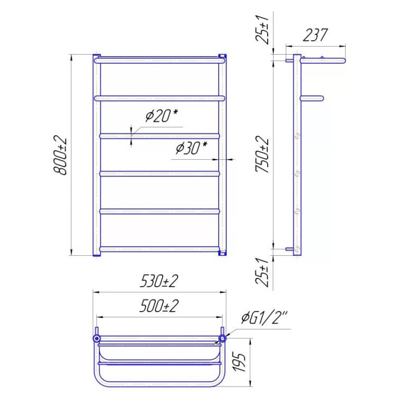 Mario Towel dryer water Hotel, 800x530x500mm, dual fuel connection, inox, chrome (1.3.4200.01.P)