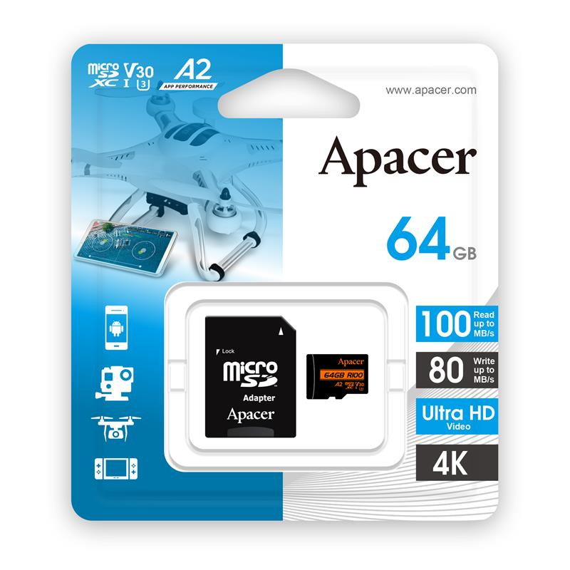 Apacer Карта памяти microSD 64GB C10 UHS-I U3 A2 R100/W80MB/s + SD (AP64GMCSX10U8-R)