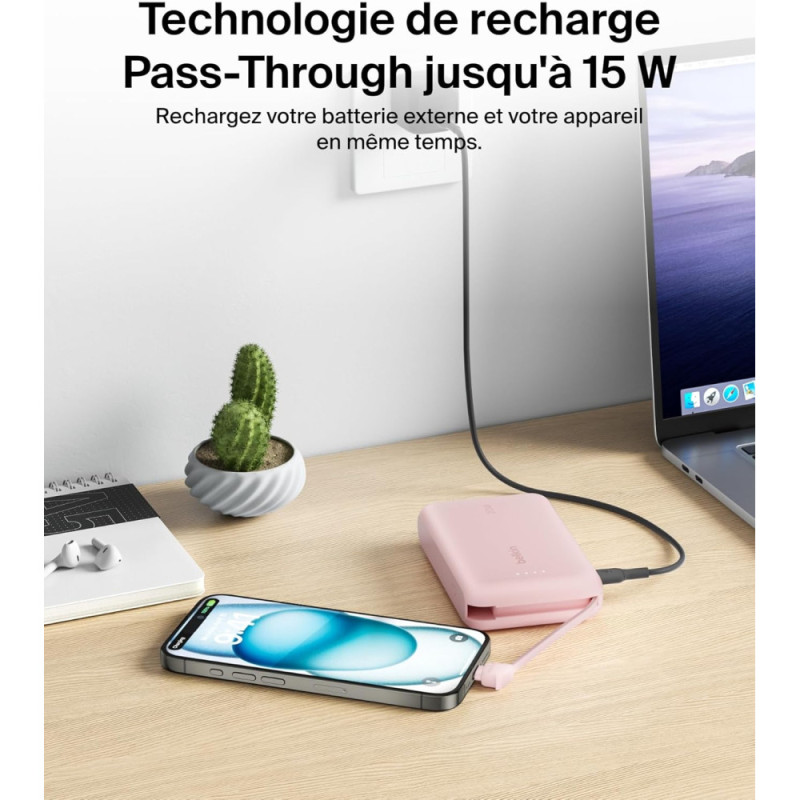 Belkin Power Bank 10000mAh, Integrated Cable USB-C, pink (BPB021HQPK)