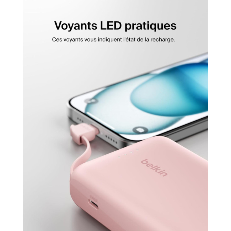 Belkin Power Bank 10000mAh, Integrated Cable USB-C, pink (BPB021HQPK)