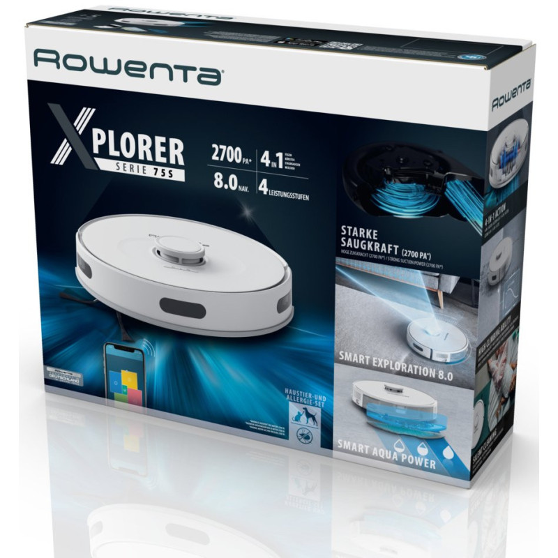 Rowenta Робот-пылесос X-Plorer Serie 75 S, h=9.5см, влажная уборка, конт пыль -0.4л, вода -0.3л, автон. раб. до 120мин, НЕРА, управл.через смартфон, белый (RR8577WH)