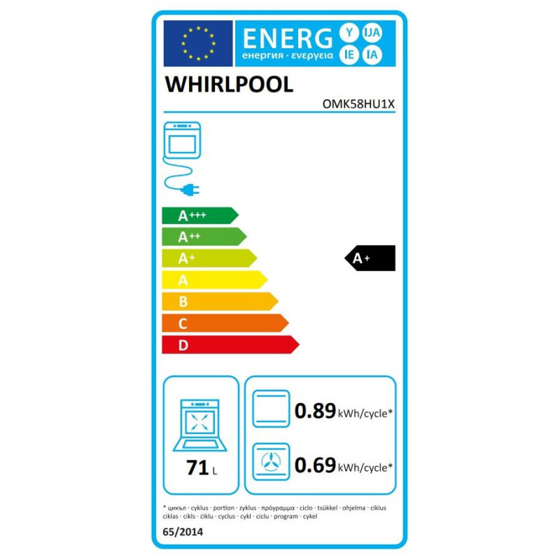 Whirlpool Духова шафа електрична, 71л, A+, дисплей, конвекція, телескопічні напрямні, нерж (OMK58HU1X)
