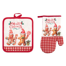 ARDESTO Набір прихваток для кухні Christmas Gingerbread 18х20см, 18х30см, 100% поліестер (верх), 100% бавовна (низ), червоний (ART14HG)