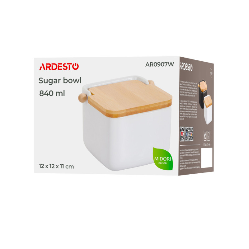 ARDESTO Sugar bowl Midori 12х12х11cm, 840ml, ceramic, bamboo, white (AR0907W)