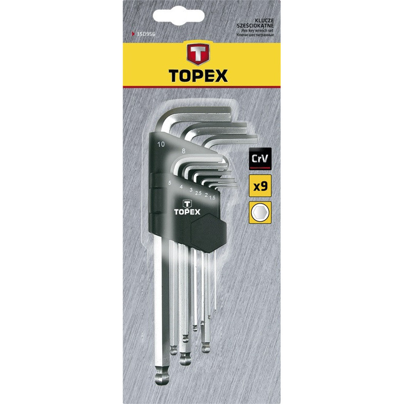 Topex Hex keys, set of 9, 1.5-10 mm, ball tip, long (35D957)