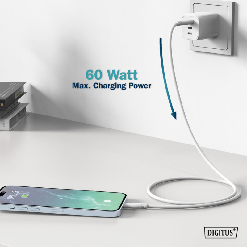Digitus USB-C Silicone charging cable, USB-A - USB-C 2m, USB 2.0, 60W, white (AK-300340-020-W)