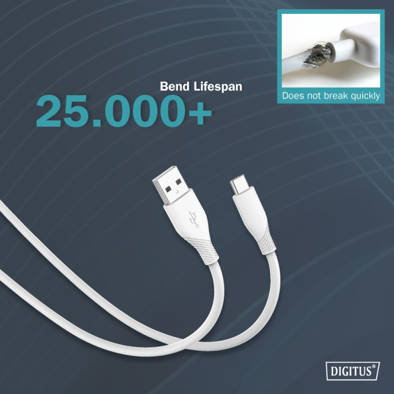 Digitus USB-C Silicone charging cable, USB-A - USB-C 2m, USB 2.0, 60W, white (AK-300340-020-W)