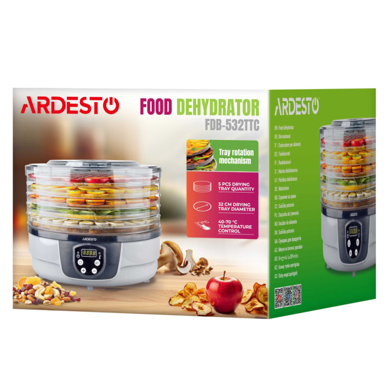 ARDESTO Сушка для продуктов  FDB-532TTC, 250Вт, поддонов -5x3см, диаметр-32см, макс-70°С, таймер, электр. управление, пластик, белый