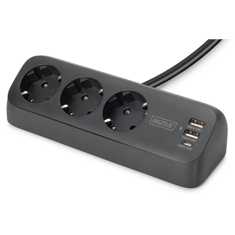 Digitus Блок розеток DIGITUS Office, 3xSchuko, 2xUSB-A, 1xUSB-C, 16A, 1.5м, вилка Schuko, чорний (DA-70625)