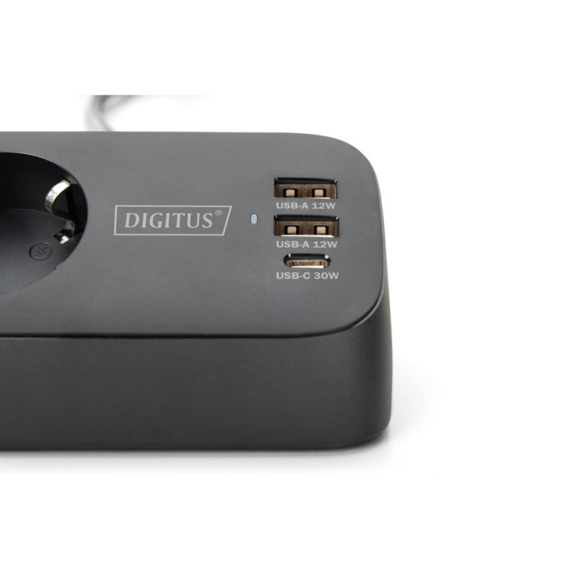Digitus Блок розеток DIGITUS Office, 3xSchuko, 2xUSB-A, 1xUSB-C, 16A, 1.5м, вилка Schuko, чорний (DA-70625)