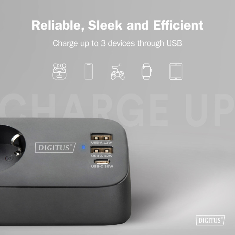 Digitus Блок розеток DIGITUS Office, 3xSchuko, 2xUSB-A, 1xUSB-C, 16A, 1.5м, вилка Schuko, чорний (DA-70625)