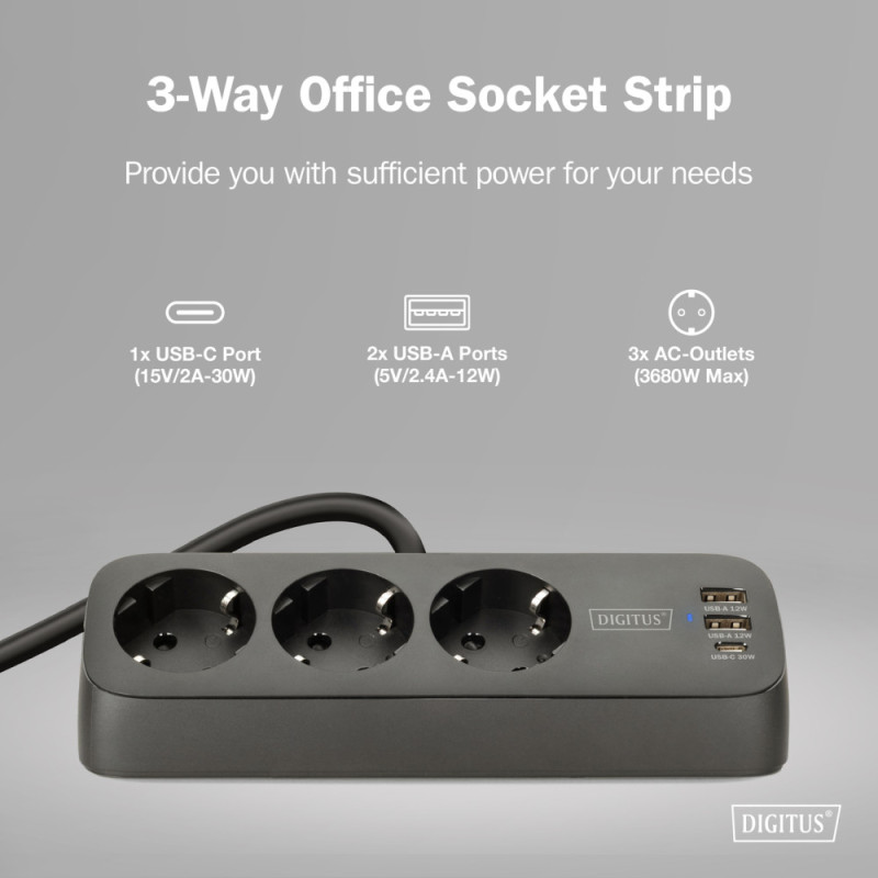 Digitus Блок розеток DIGITUS Office, 3xSchuko, 2xUSB-A, 1xUSB-C, 16A, 1.5м, вилка Schuko, чорний (DA-70625)