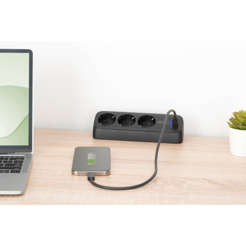 Digitus Блок розеток DIGITUS Office, 3xSchuko, 2xUSB-A, 1xUSB-C, 16A, 1.5м, вилка Schuko, чорний (DA-70625)