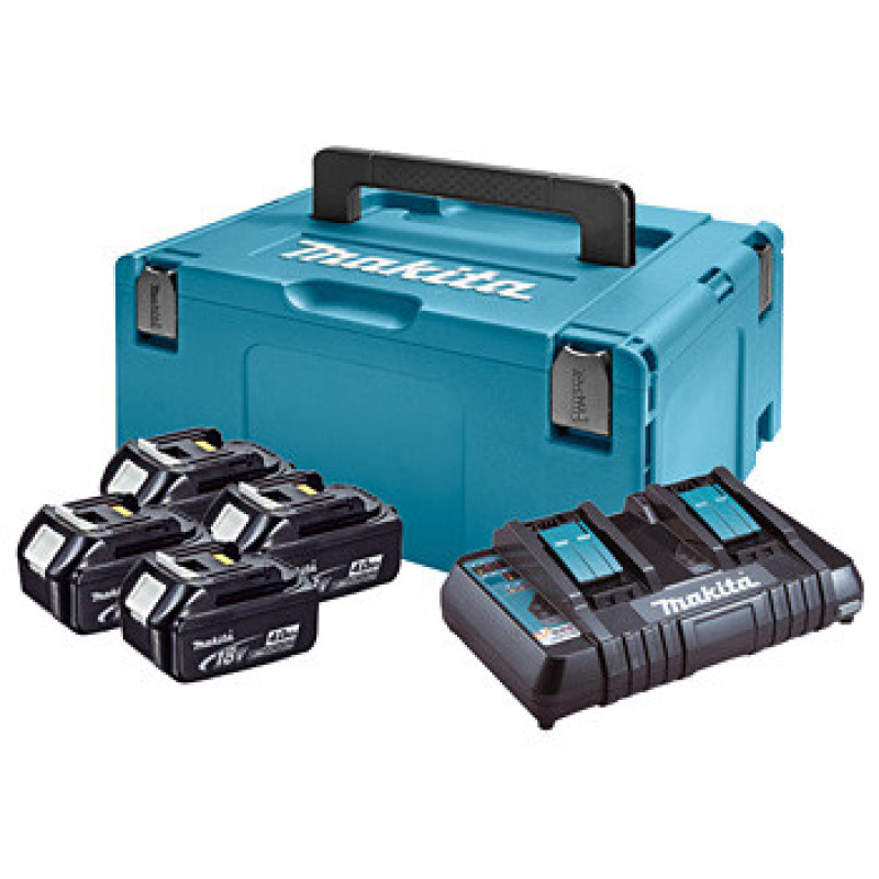 Makita Набор аккумуляторов + зарядное устройство 197156-9, LXT BL1840 x 4шт (18В, 4Ач) + DC18RD, кейс Makpac 3