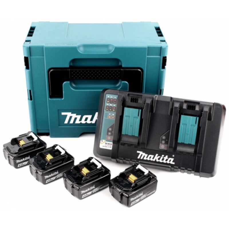 Makita Набор аккумуляторов + зарядное устройство 197156-9, LXT BL1840 x 4шт (18В, 4Ач) + DC18RD, кейс Makpac 3