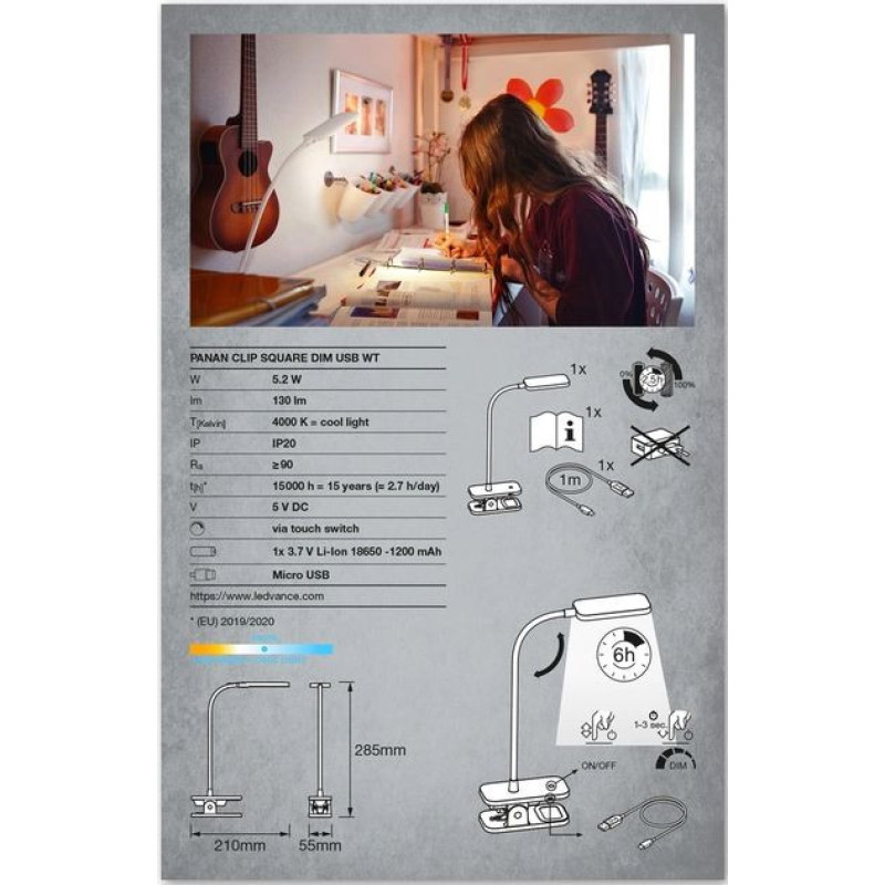 LEDVANCE Desk lamp PANAN CLIP SQUARE DIM USB (4058075747883)