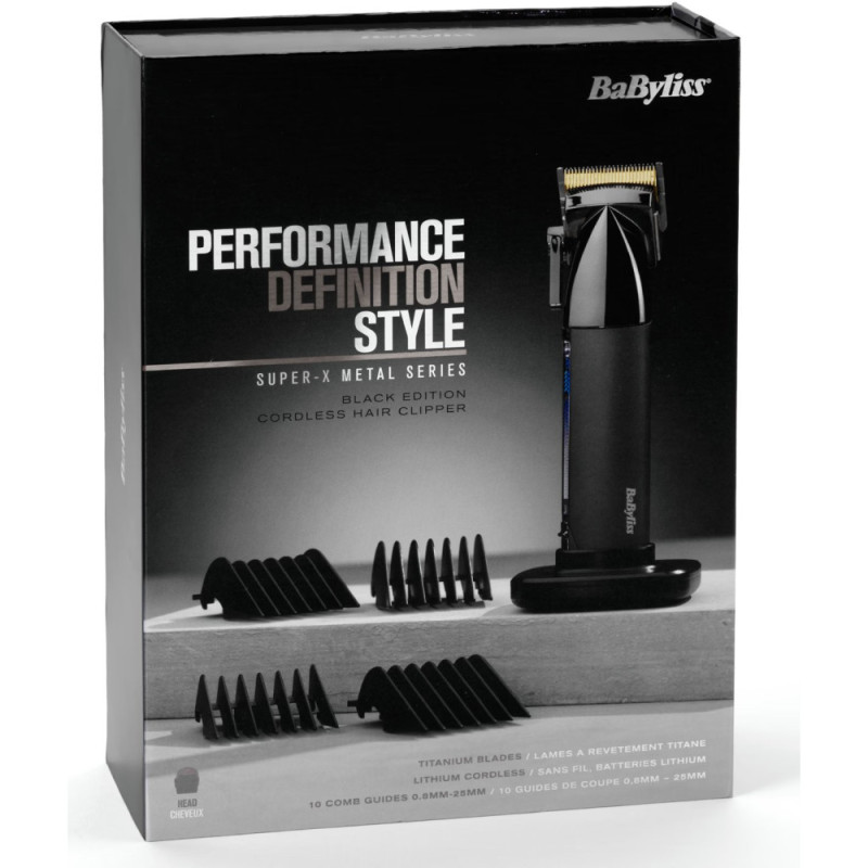 BaByliss hair clipper Super-X Metal Series, battery, nozzles-12, steel with graphite coating, black-silver (E991E)