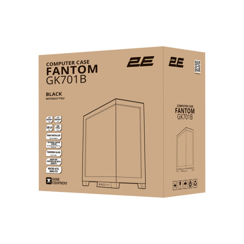 2E Gaming PC case Fantom GK701B without PSU, 2xUSB3.0, 1xUSBType-C, 4x120mm ARGB, VGA 400mm, LCS ready, controller with remote, TG Side/Front Panel, mATX, black (2E-GK701B)