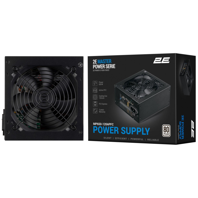 2E PSU Master Power (650W), >80%, 80+ White, 120mm, 1xMB 24pin(20+4), 1xCPU 8pin(4+4), 3xMolex, 5xSATA, 2xPCIe 8pin(6+2) (2E-MP650-120APFC)