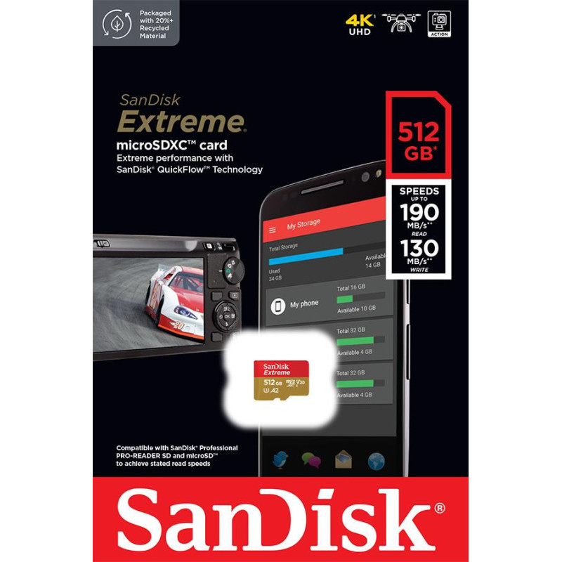SanDisk microSD 512GB C10 UHS-I U3 R190/W130MB/s Extreme V30 (SDSQXAV-512G-GN6MN)