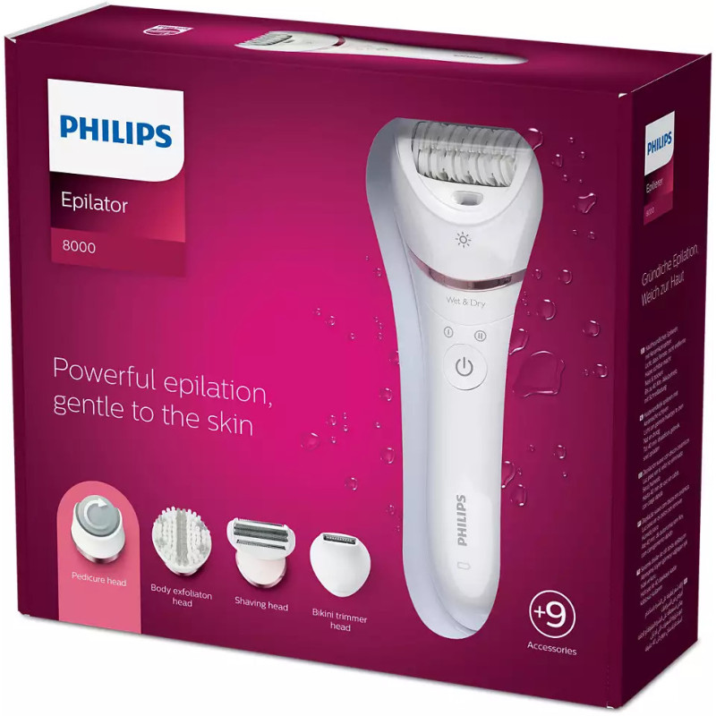 Philips Epilator 8000 series, rechargeable, tweezers.-32, dry+wet, nozzles-8, with backlight, white (BRE740/10)