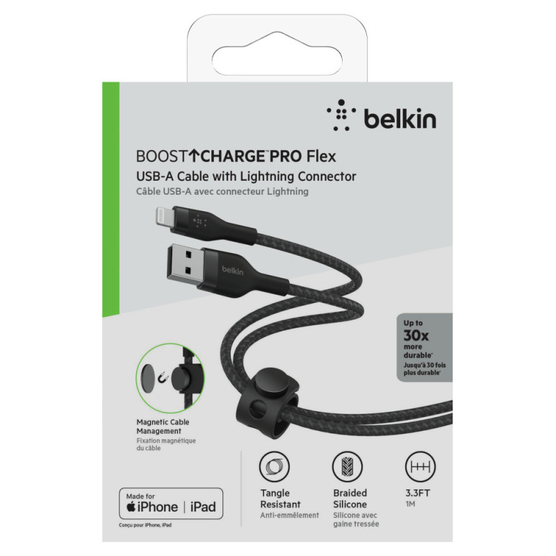 Belkin Cable USB-A - Lightning BRAIDED SILICONE, strap with magnet, 1m, black (CAA010BT1MBK)