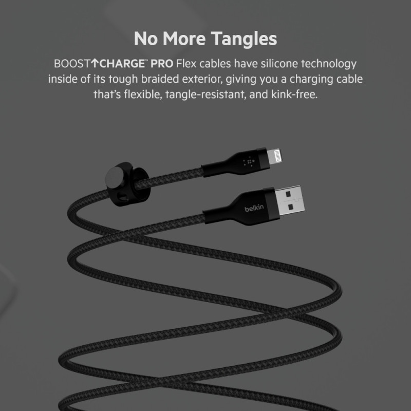 Belkin Cable USB-A - Lightning BRAIDED SILICONE, strap with magnet, 1m, black (CAA010BT1MBK)