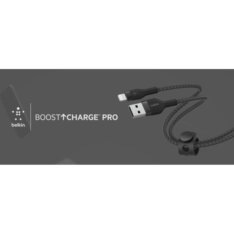 Belkin Cable USB-A - Lightning BRAIDED SILICONE, strap with magnet, 1m, black (CAA010BT1MBK)