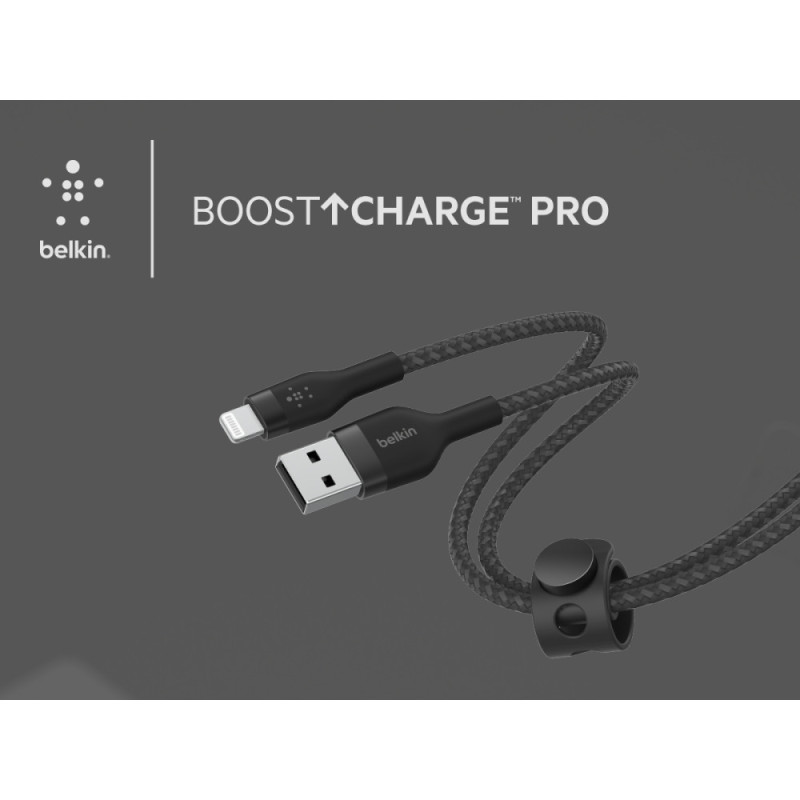 Belkin Cable USB-A - Lightning BRAIDED SILICONE, strap with magnet, 1m, black (CAA010BT1MBK)